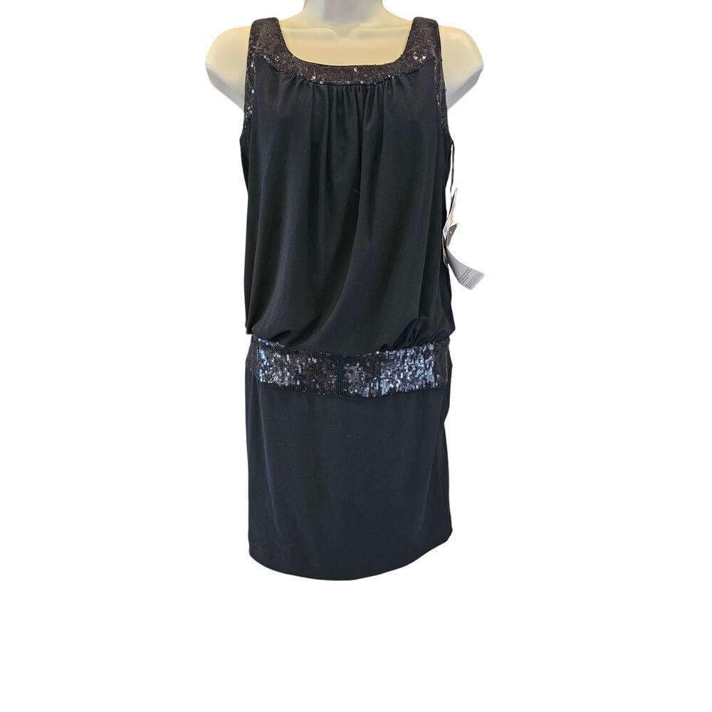 Adrianna Papell Black Sequin Sleeveless Mini Blouson Dress Size 6